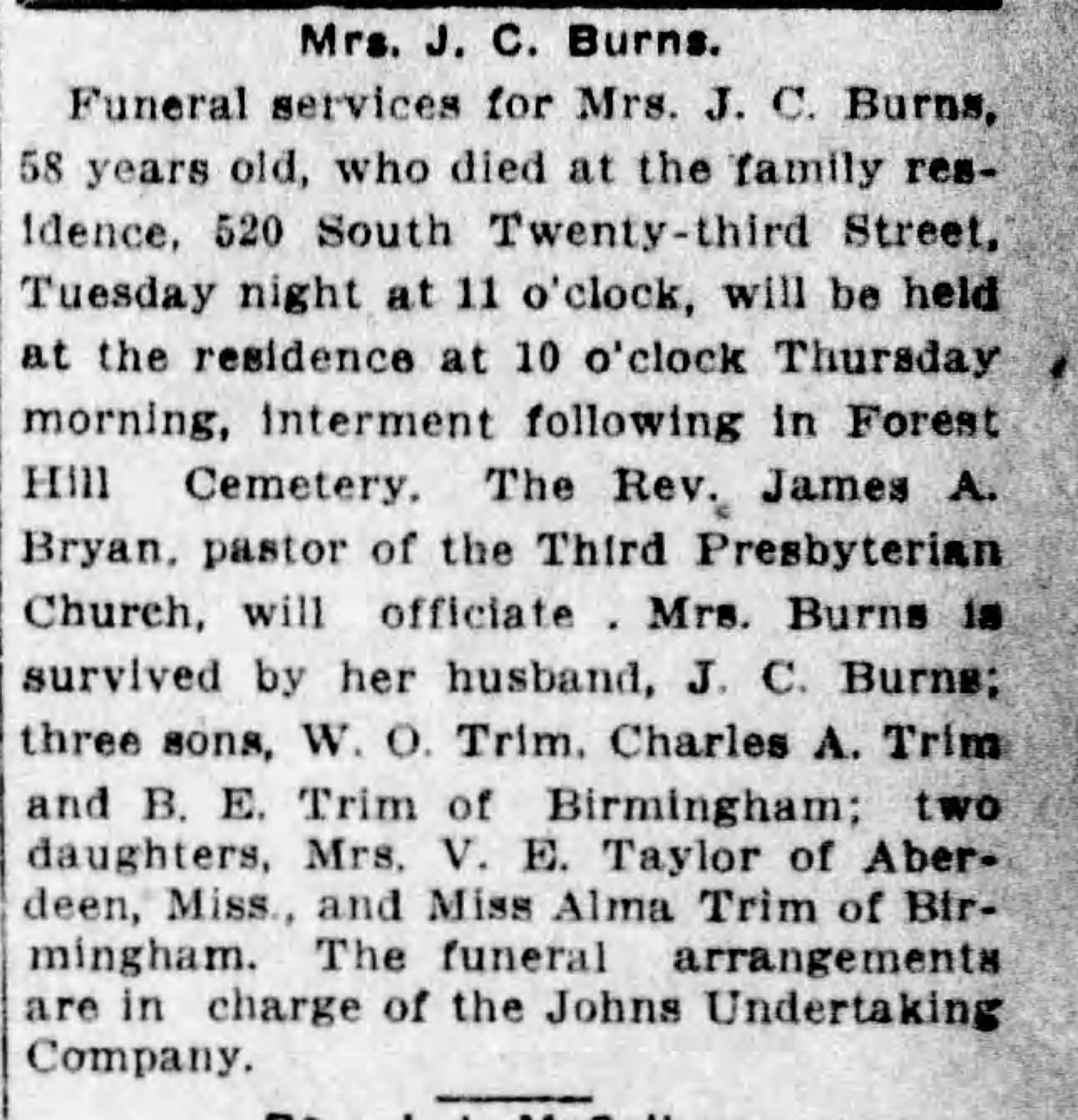Mrs. J.C. Burns obituary